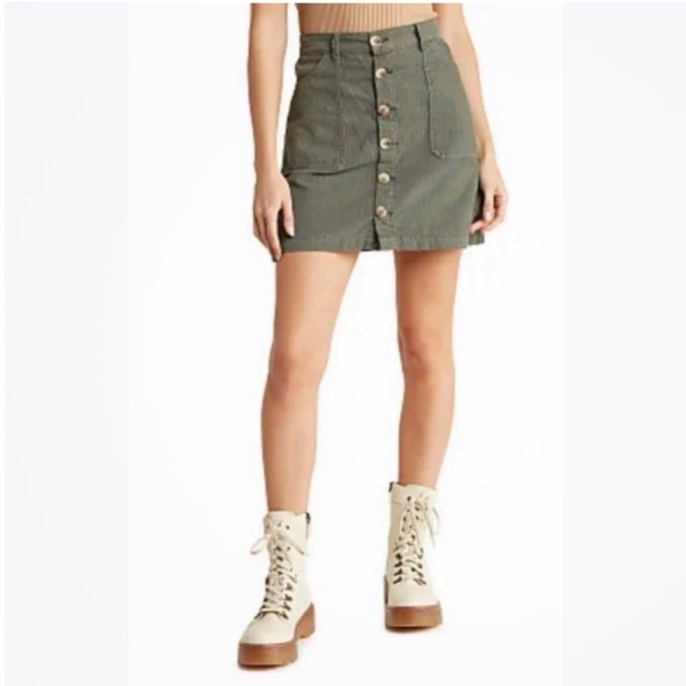 Kensie Olive Green Button-Front High Waist Denim Mini Skirt